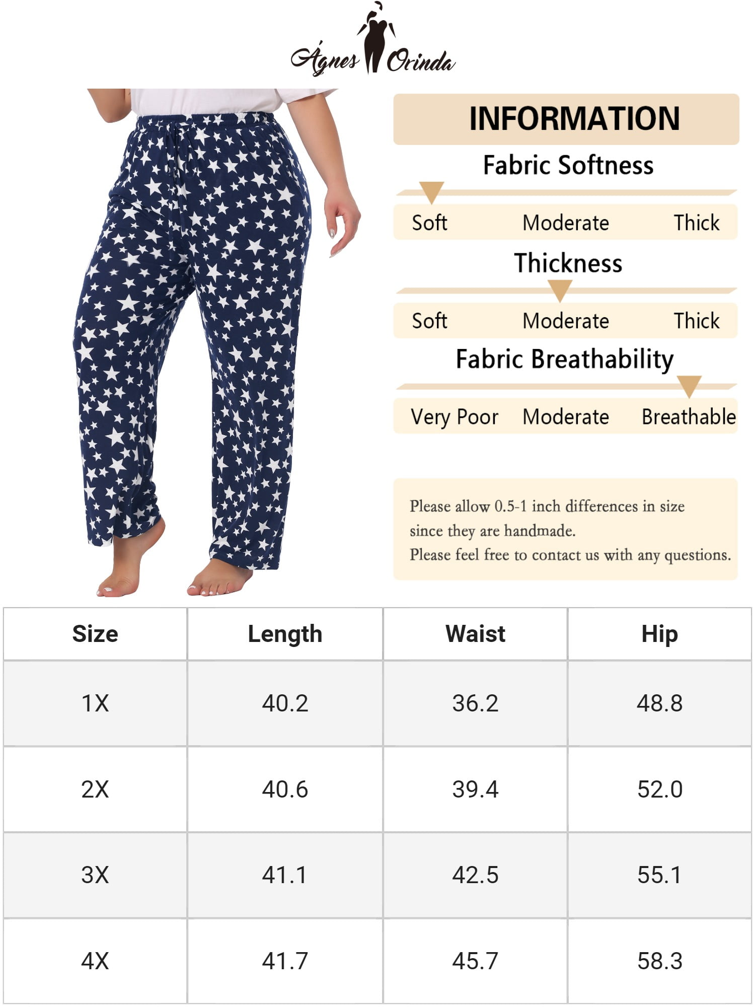 DARING DIVA Women's Plus Pajama Pant Comfy Star Print Nightwear 2X Navy Blue