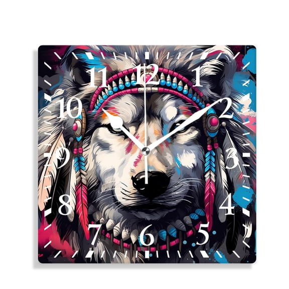 12 Inch Wall Clock Battery Operated Silent Clock Decorative for Office, Kitchen, Outdoor, Living Room，Dog Portrait with Indian Headdress Blue Art