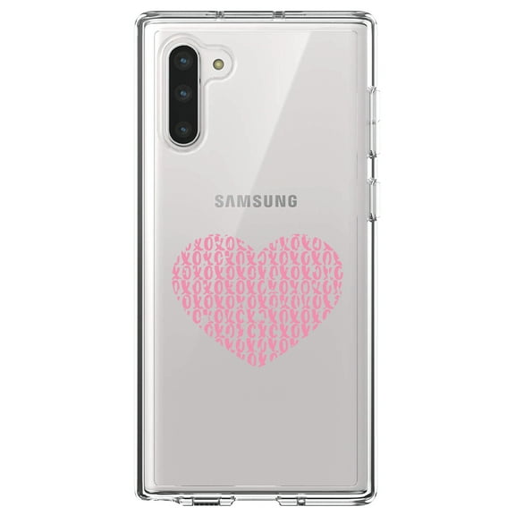 DistinctInk Clear Shockproof Hybrid Case for Samsung Galaxy Note 10 (6.3" Screen) - TPU Bumper Acrylic Back Tempered Glass Screen Protector - XOXO Heart Pink