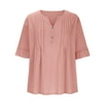 thumbnail image 4 of MIXUE Boho Tops For Women Summer Solid Color V Neck Button Short Sleeve Fashion Loose Casual Pleated Tee Shirts Sportswear,Pink,XL, 4 of 6