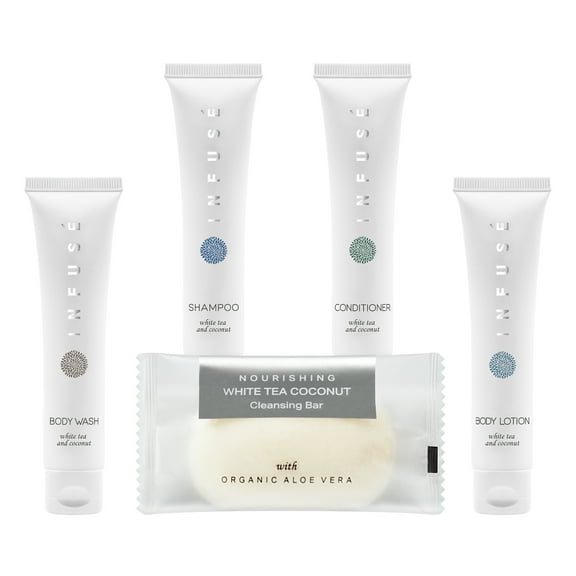 Infuse Pure White Tea and Coconut Hotel Soaps and Toiletries Bulk Set | 1-Shoppe All-In-Kit for Hotels | 1oz Shampoo & Conditioner, Body Wash, Lotion & 1.25oz Bar Soap | Travel Size 150 Pieces