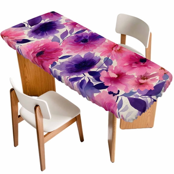 Watercolor Floral Table Cloths for 8 Foot Rectangle Tables, Spring Flowers Botanical Retro Beige Patio Waterproof Elastic Fitted Tablecloths, Washable Rectangular Table Cover for Camping