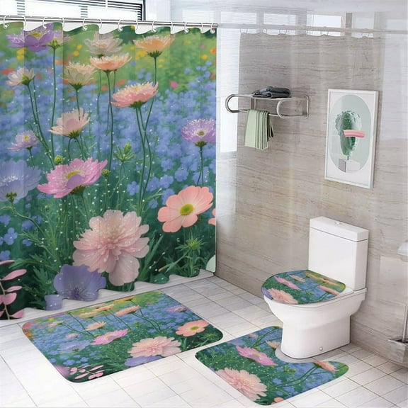 Colorful Garden Flowers Shower Curtain Bathroom Sets Toilet Lid Rug, Bath Mat And Contour Mat, Shower Curtain 4Pcs