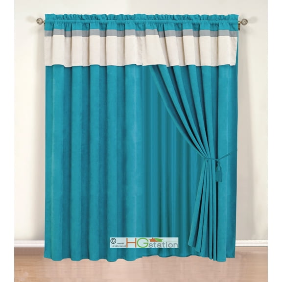 4-Pc Striped Solid Micro Faux Suede Curtain Set Blue Grey Silver Valance Drape Sheer Liner