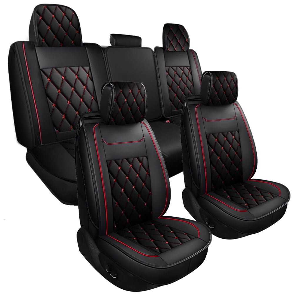 Full Set Leather Car Seat Cover 5 Pieces for 07 22 Silverado and Sierra 1500 2500HD 3500HD Black Red Leather Car Seat Cover