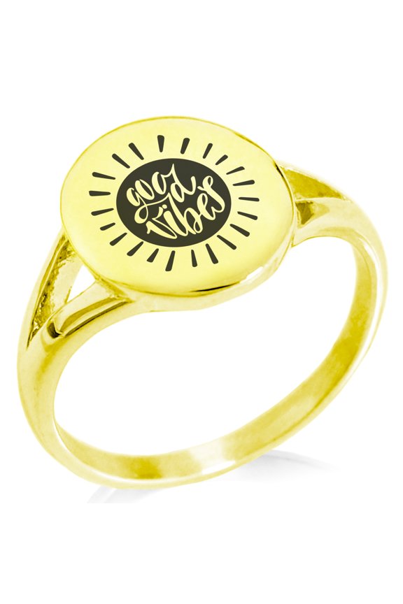 Stainless Steel Good Vibes Sun Minimalist Oval Top Polished Statement Ring