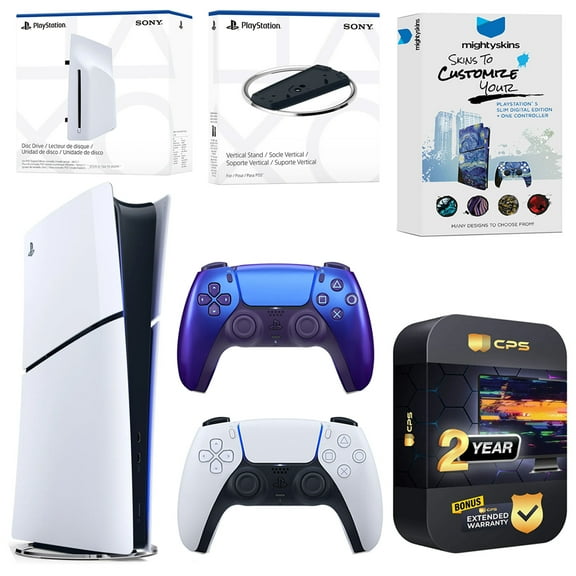 Sony PlayStation 5 Slim Digital Bundle with Disc Drive, Extra Controller, Vertical Stand, MightySkins Voucher and 2 Year Extended Warranty - Chroma Indigo