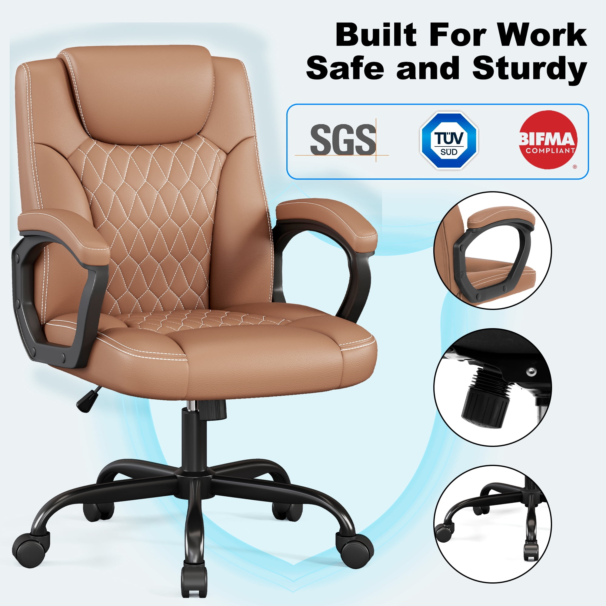Misolant Office Chair, Executive Desk Chair, PU Leather Comfortable Executive Chairs with Fixed Armrest, Adjustable Height, Rocking Function, 360° Swivel Wheels