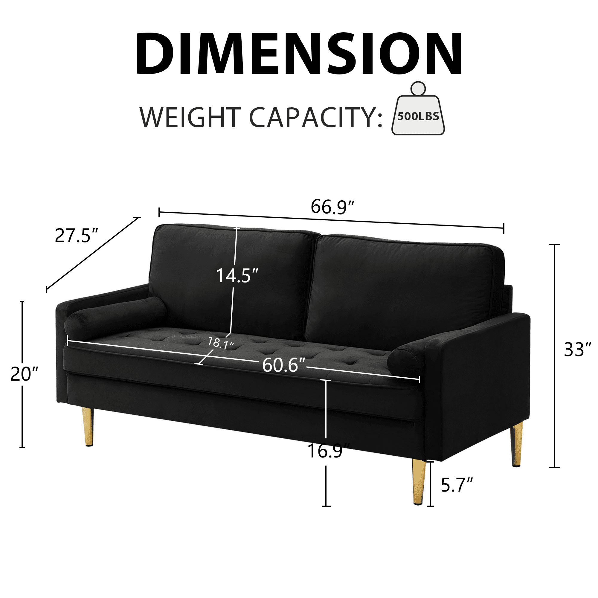 65" Velvet Upholstered Small Loveseat Couch, 2 Seater Sofa with Pine Wood Frame, Comfortable Loveseat with High-Density Sponge for Living Room, Black