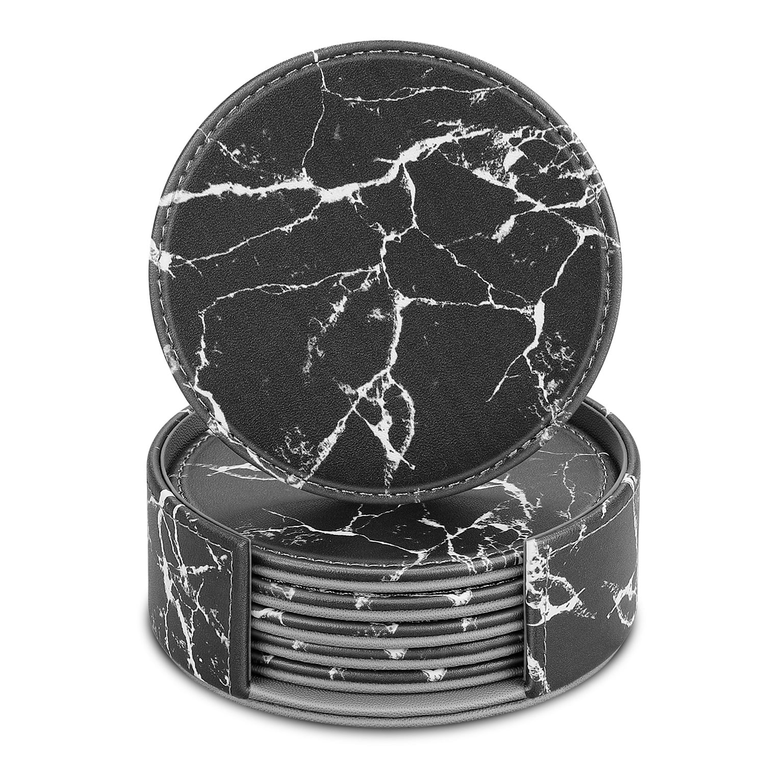 Fintie Drink Coasters of 6 Set, PU Leather Coffee Tea Cup Pad - Picture Marble Black