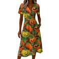 thumbnail image 4 of Halloween Print Midi Dress for Women 2026 V Neck Self Tie Waist A Line Spooky Halloween Print Dresses for Halloween Cosplay Fall Vacation Parties, 4 of 5