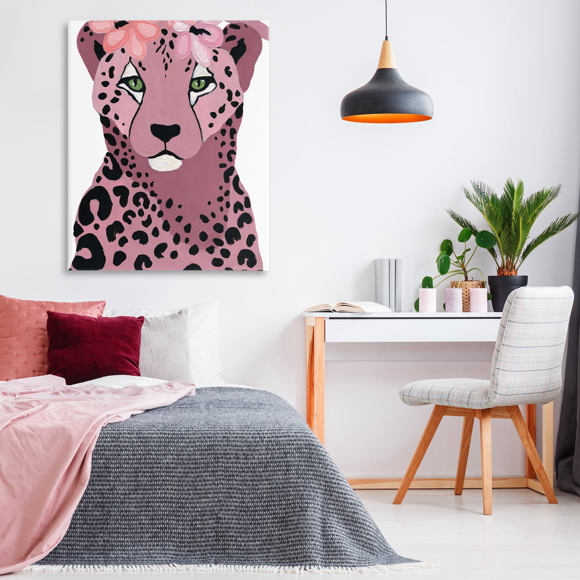 Stupell Industries Cheetah with Pink Blossoms Animals & Insects Painting Gallery Wrapped Canvas Art Print Wall Art, 36 x 48