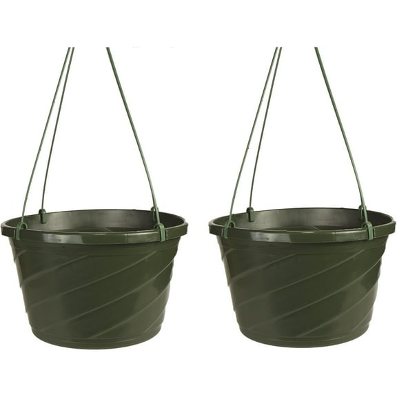Euro Hanging Basket Planter Decorative 12-Inch Large Plastic Hanging Basket w/Swirl Design for Outdoor Plant, Green (Pack of 2)