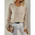 thumbnail image 3 of Hollow Out Crew Neck Pullover Sweater, Elegant Long Sleeve Knit Sweater, Women's Clothing, 3 of 5