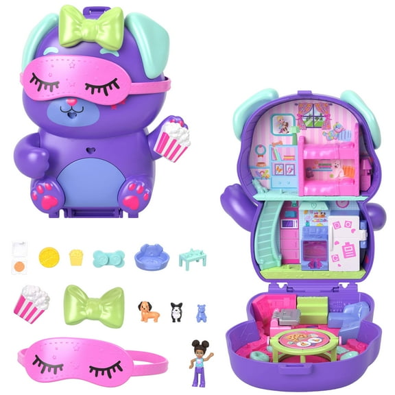 Polly Pocket Sleepover Puppy Compact Playset with 1 Micro Doll, Pet Dogs, Food & Styling Accessories
