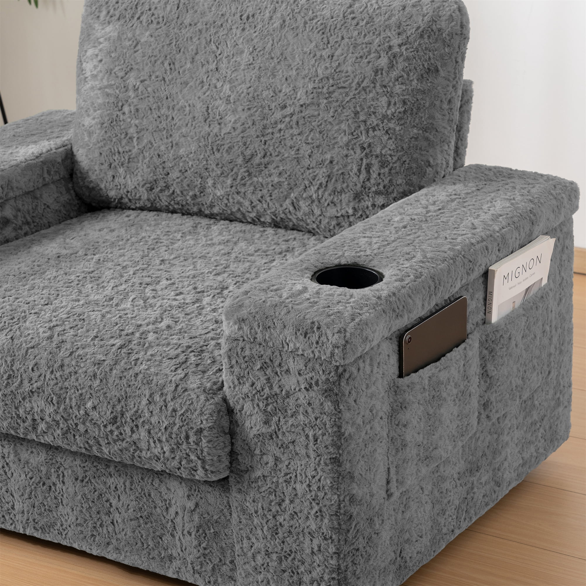 Aukfa 43 inch Chaise Lounge w/ 2 Cupholders, Storage Ottoman, Plush Chair Bed for Living Room, Gray
