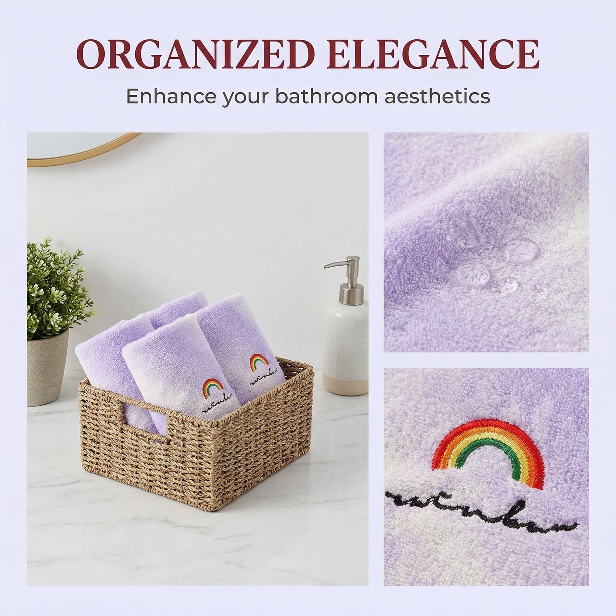 Unique Bargains 2 Pcs Rainbow Cotton Soft Absorbent Hand Towels Purple 28" x 13"