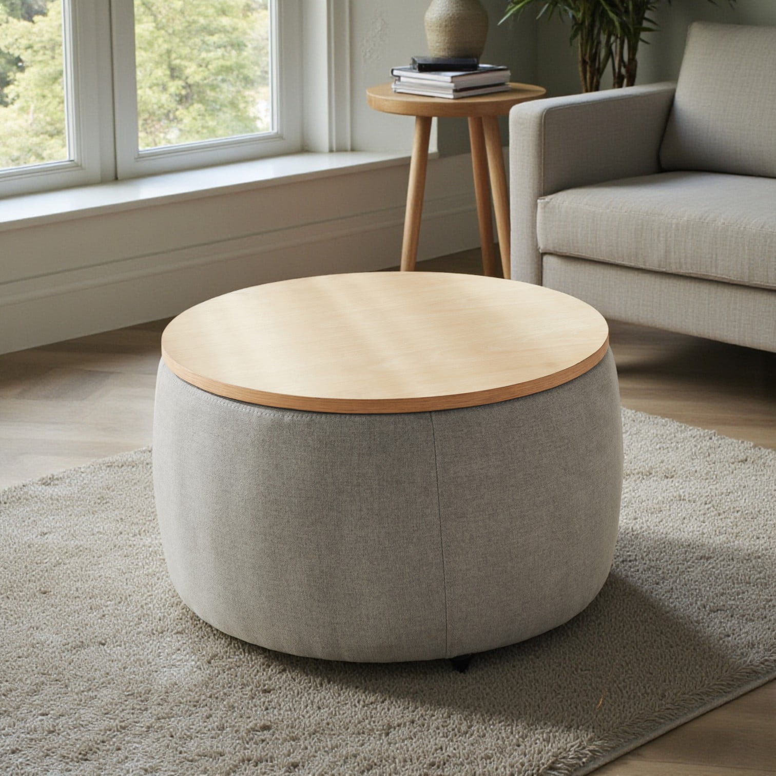 Tcbosik 25.5" Round Ottoman with Storage, End Table with Wood Lid for Home Office Living Room, Light Grey