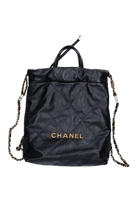 Pre-Owned CHANEL AS3859 CHANEL22 Shiny Calfskin Chain Backpack, Small, Black with Gold...