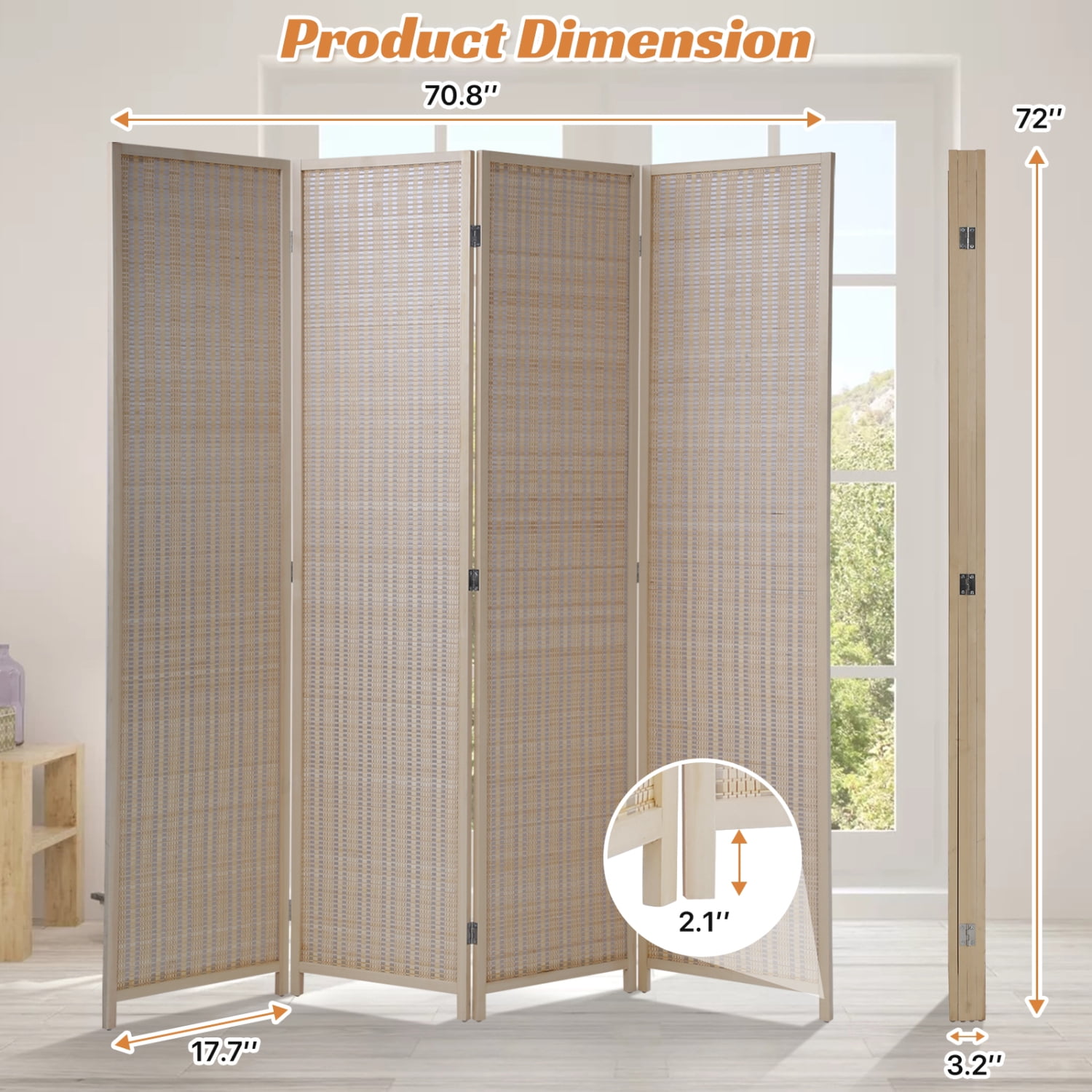 Bamboo Room Dividers with 4 Panel Folding Privacy Screen for Room Separation 72" Room Partitions and Dividers Freestanding Wall Divider for Home Office, Bedroom, Natural