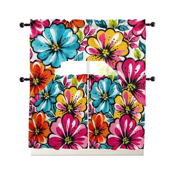 Bohemia Floral Kitchen Curtains Set for Windows 3 Piece Cafe Curtains 24 Inch Length Swag Curtains Valances and Tier Set Summer Abstract Flower Blossom Leaf Watercolor Drapes for Bedroom Bathroom