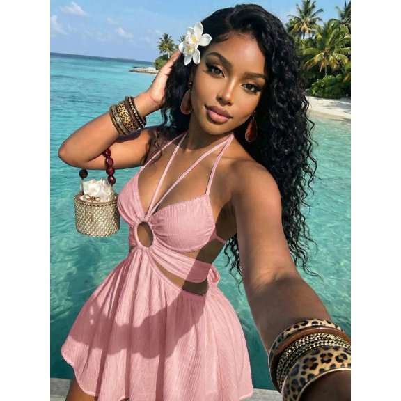 Dusty Pink Womens Halter Neck Cutout Mini Dress Summer Vacation Beach