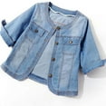 thumbnail image 4 of Qetyuw Women 3/4 Sleeve Denim Jacket Lightweight Button Down Jean Jackets Casual Collarless Cropped Jean Jacket, 4 of 8