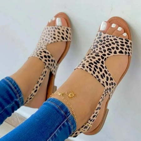 

XIAQUJ Ladies Fashion Summer Leopard Print Leather Open Toe Buckle Flat Sandals Sandals for Women Khaki 7(38)