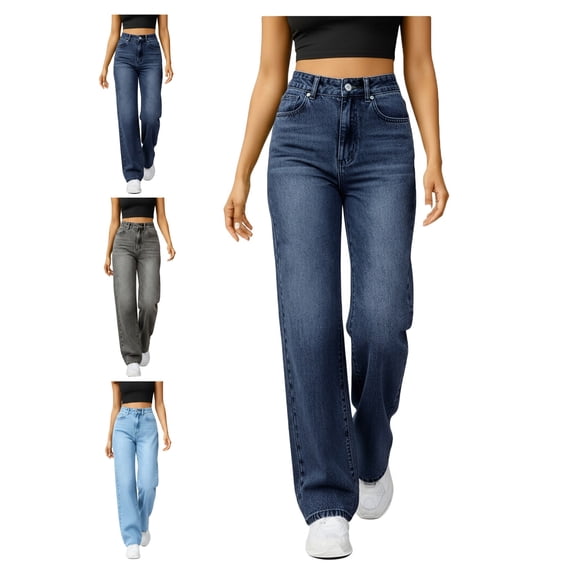 Atkumj Womens Straight Leg Jeans Comfortable Loose Button-Zip Fly High Waisted Jeans Versatile Solid Color Long Length Fall Jeans for Women with Pockets S