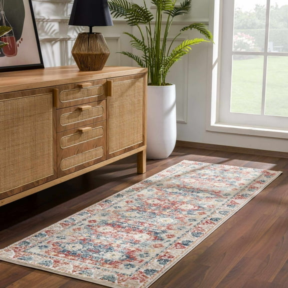 Hauteloom Bindi Hallway, Kitchen Runner Rug - Oriental Bohemian Vintage Carpet - Red, Cream, Blue, Brown - 2'7" x 7'3"