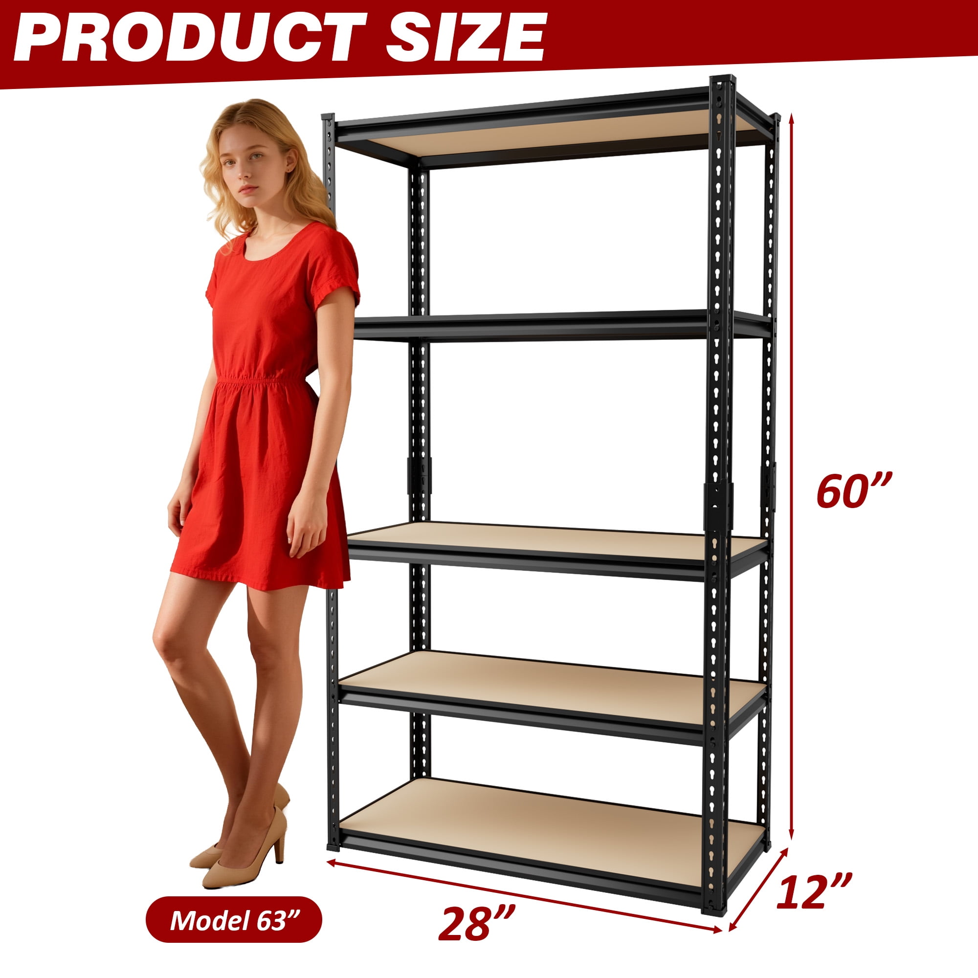 VDEVY 2025LBS Storage Shelves 5 Tier Garage Shelving Heavy Duty Metal Shelving Adjustable Metal Shelf for Garage Pantry Closet Kitchen Basement 28" W x 12" D x 60" H, Black