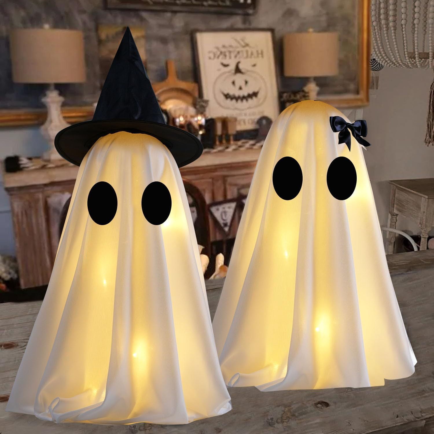 2 Pack Light Up Ghost Decorations with Timer Male Female for Halloween
