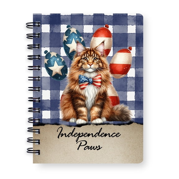 Patriotic Maine Coon 4th of July Independence Paws Spiral Bound Journal Cat Lover Kitten Owner Gifts 5x7in Spiral Notebook - 02010