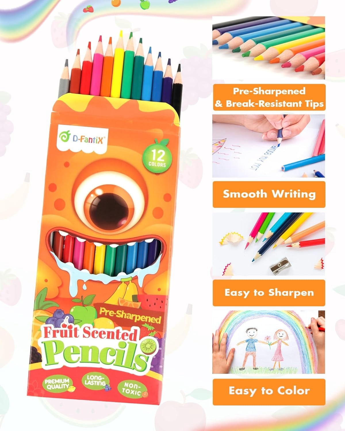 D-FantiX 24 Pack Fruit Scented Colored Pencils Bulk, 288 Count Pre-Sharpened Coloring Pencils Sets
