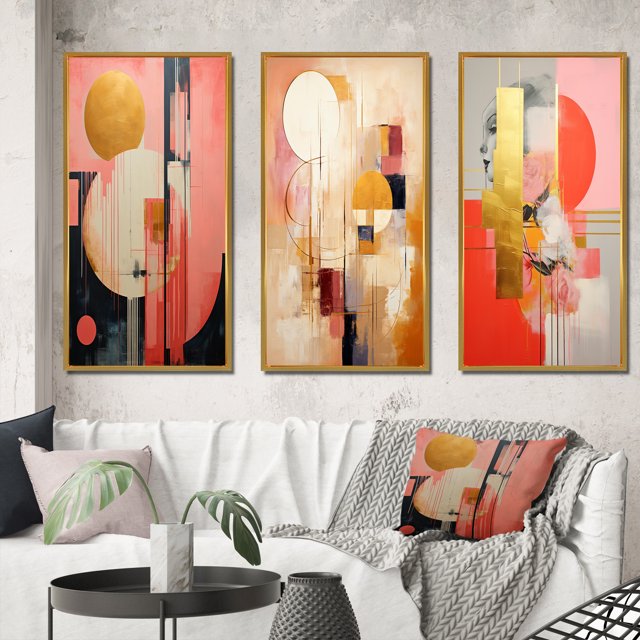 Designart "Serendipitous Circular Geometric Serenity I" Modern Geometric Framed Wall Art Set Of 3 - Gold Abstract Frame Gallery Wall Set For Home Decor