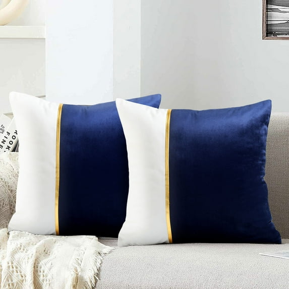 Throw Pillow Cover 18 x 18 inches Navy Blue White Gold Leather Striped Patchwork Velvet Luxury Modern Pillowcase Decorative Pillow Set of 2