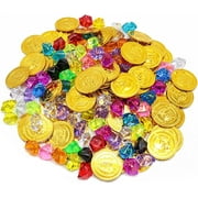 WisToyz 160pcs Plastic Pirate Gold Coins Colored Gems Pirate Treasure Hunt Playset Toys