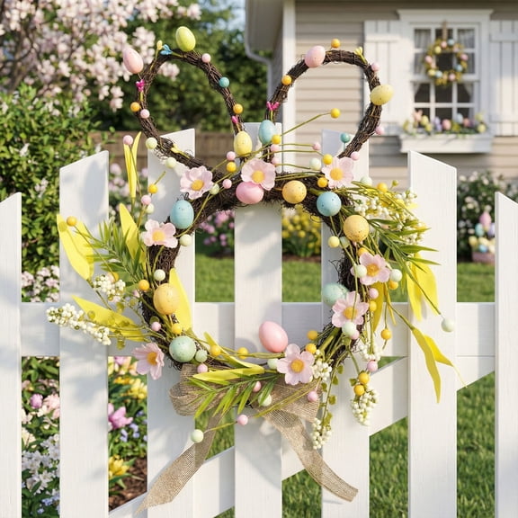 geerera Easter Bunny Wreath, Spring Door Wreath, Holiday Wreath, 19 Inch Artificial Florals with Colorful Eggs for Indoor or Outdoor, for Front Door Decor, Wall Decor, Seasonal Display