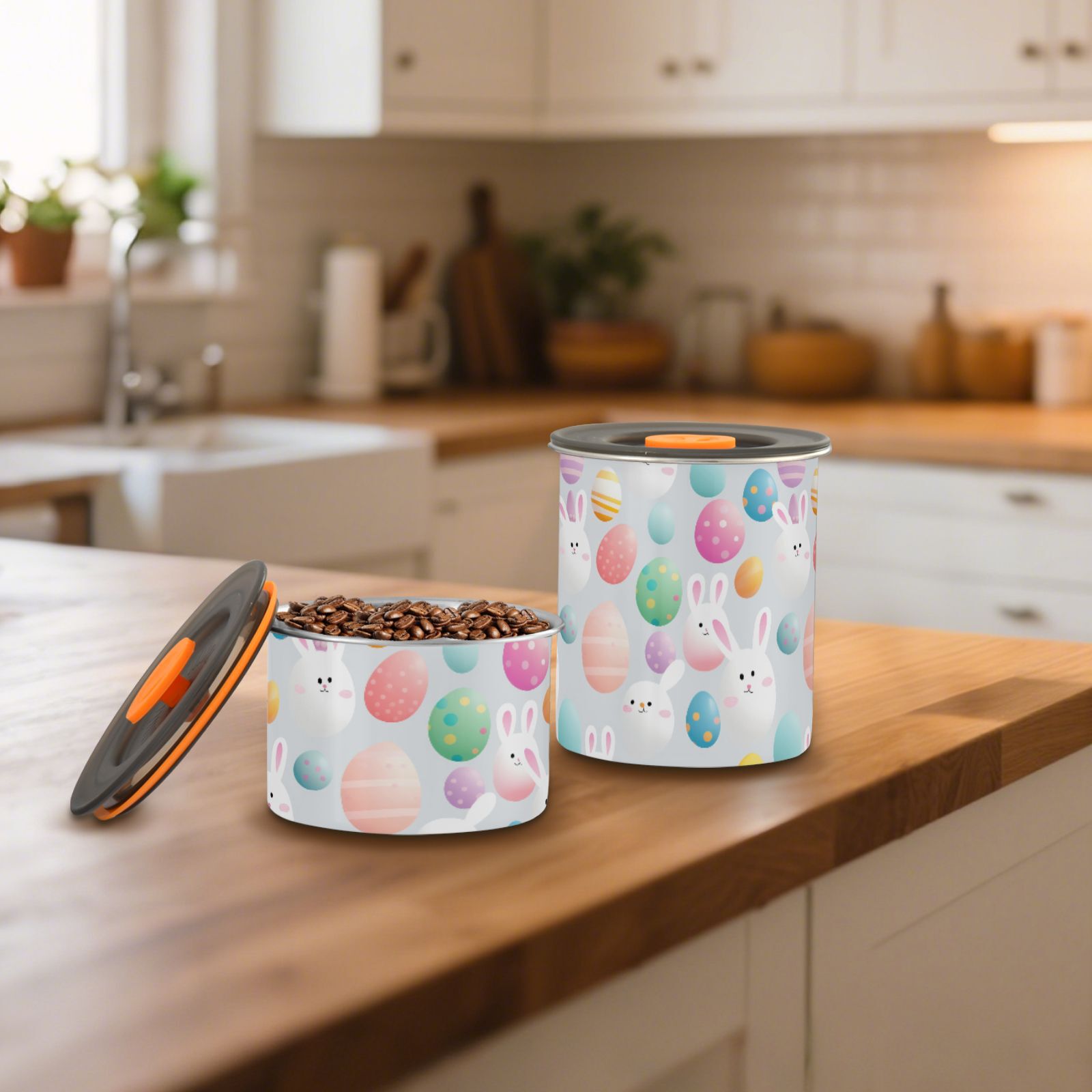 Cute Bunny Easter Eggs Airtight Coffee Bean Canister 30oz Food Storage Containers with Lids For Gournd, Tea, Sugar, Flour, Rice, Cereal, Candy Cookie Jar