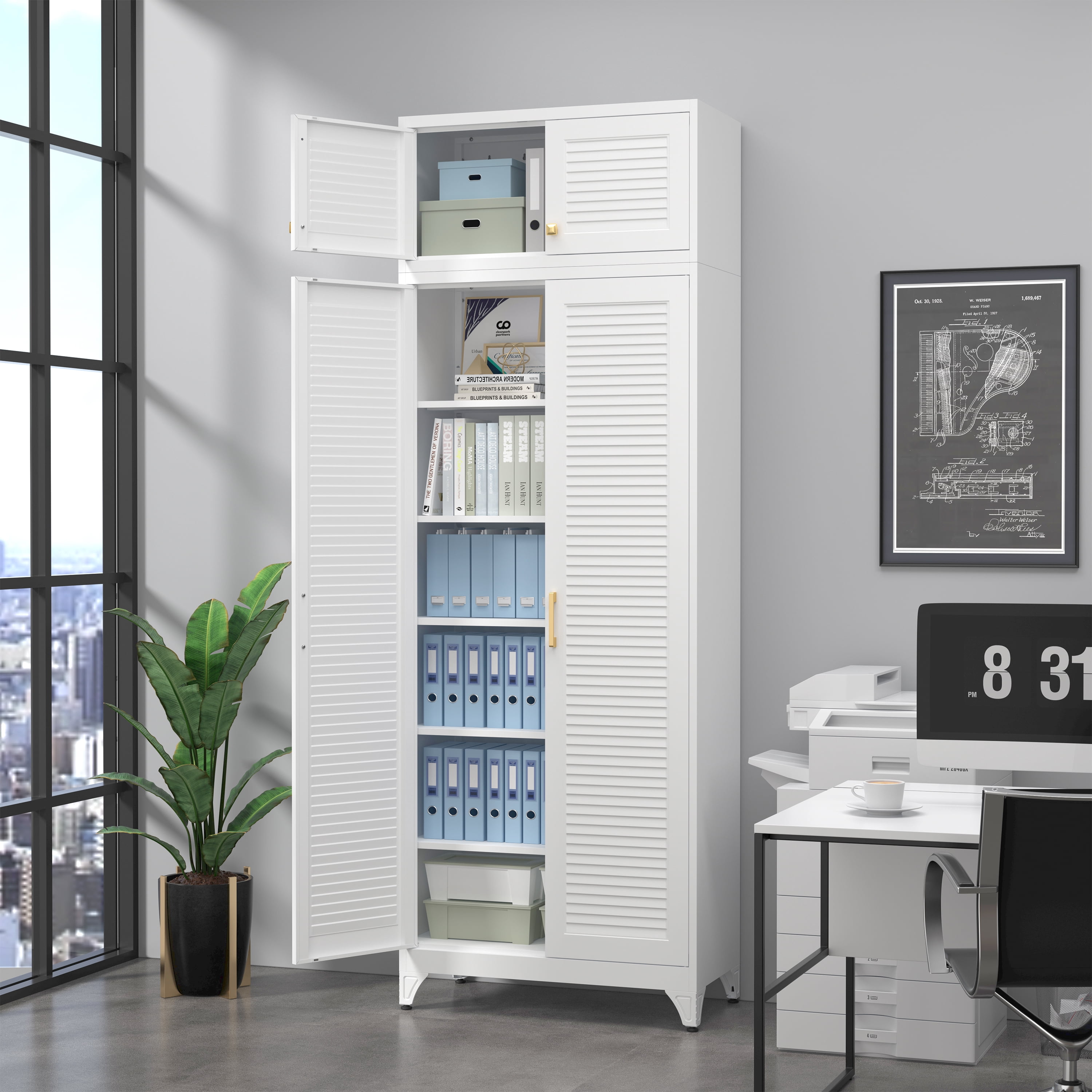 Polup 90" Height Modern Metal White Pantry Cabinet with 4 Doors and Adjustable Shelves, 1 Pack