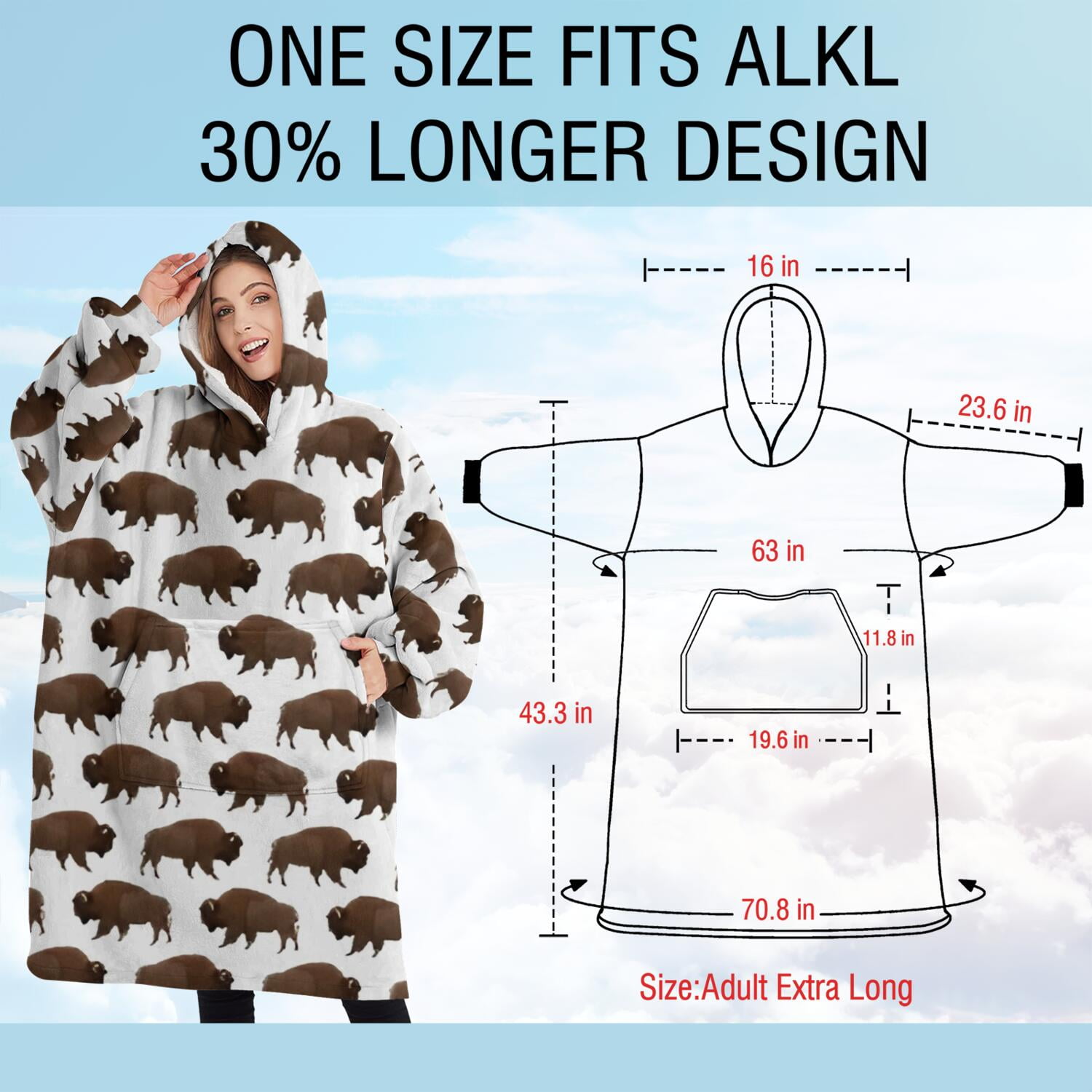 Oversized Wearable Blanket Hoodie,White Buffalo Pattern Sherpa Blanket Hoodie with Super Pockets,Super Warm Fuzzy Pullover for Women & Men