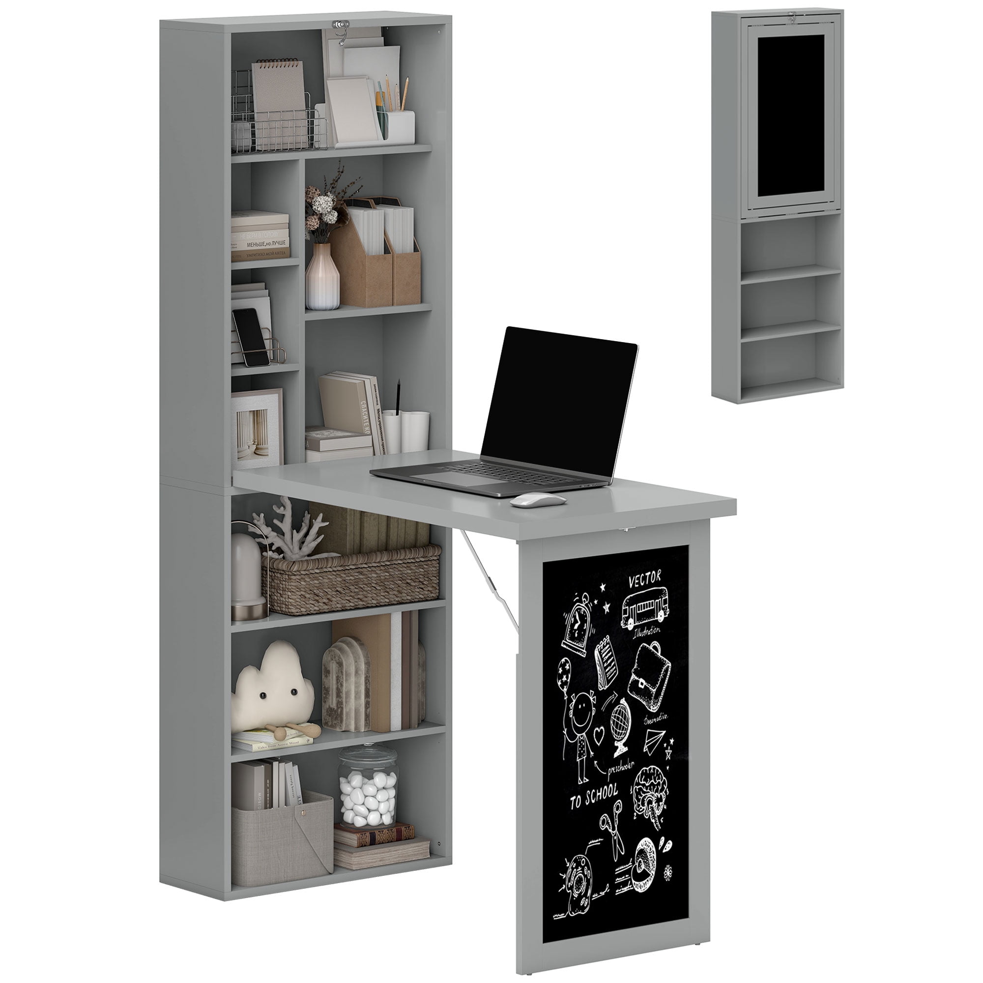 HOMCOM Fold-out Convertible Writing Table Wall Mount Desk Cabinet with Blackboard and Side Shelf Multi-Function for Home Office, Charcoal Gray