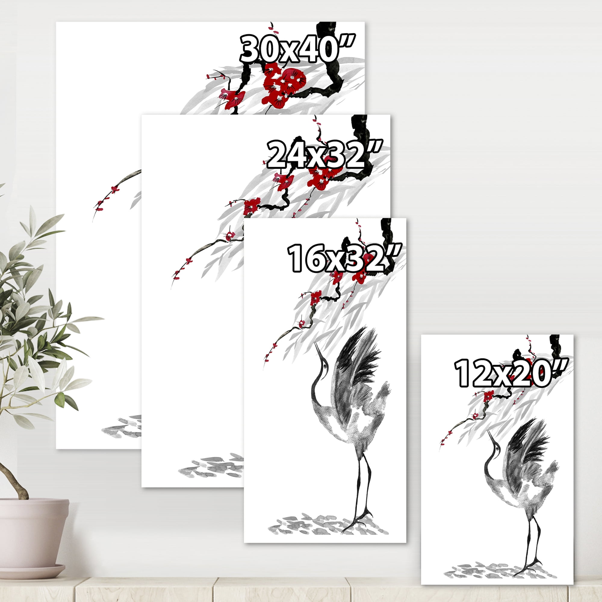 Designart ' Red Flowers With Japanese Cranes Bird Drawing