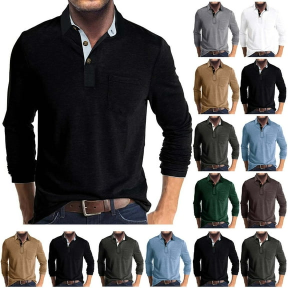 RongHuan Men's Casual Shirts Classic Fit Button Up T-Shirt Basic Long Sleeve Shirt Solid Color Cotton Tees Stylish Tops