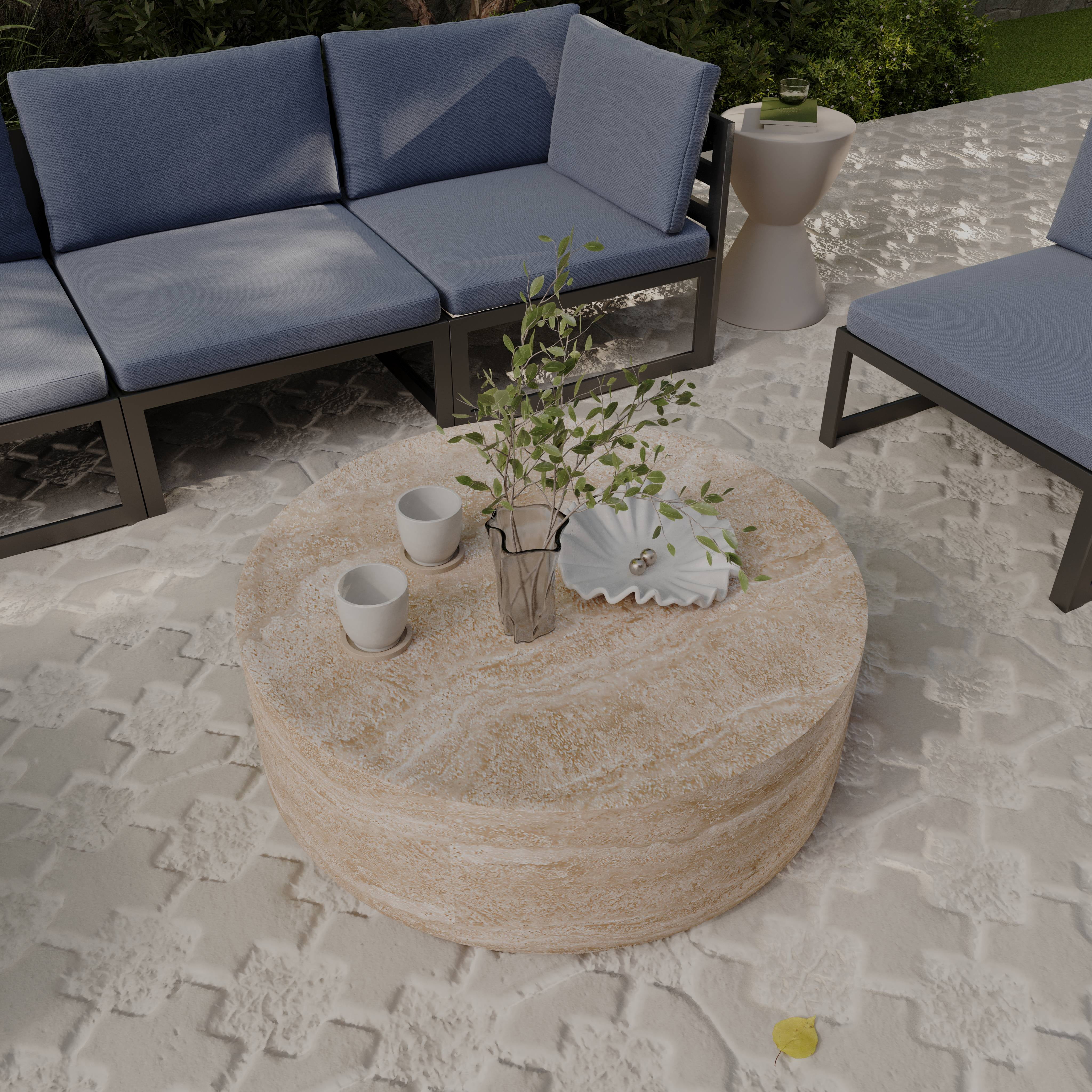 LeisureMod 32 Inches Round Coffee Table in Fiberstone Center Table for Indoor and Outdoor Use No Assembly for Modern Home, Living Room, Offices Sandy Collection, Travertine