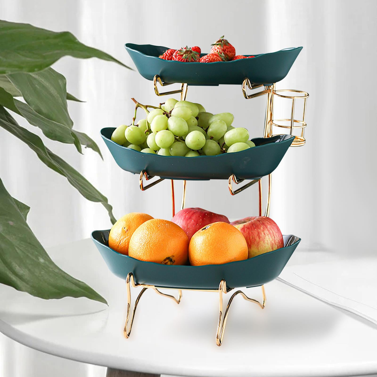 SEVEN SPARTA Fruit Bowl for Kitchen Counter - 3 Tier Ceramic Serving Bowls  with Bamboo Stand, Tiered Fruit Basket for Fruit Vegetable Storage, Cake
