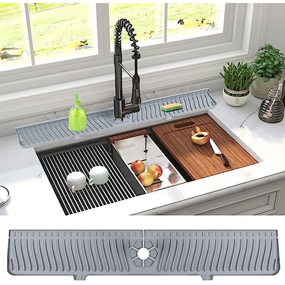 30 inch Sink Splash Guard Mat,Silicone Faucet Handle Drip Catcher Tray, Longer Silicone Sink Mat for KitchenBathroom, Drip Protector Splash Countertop (gray)