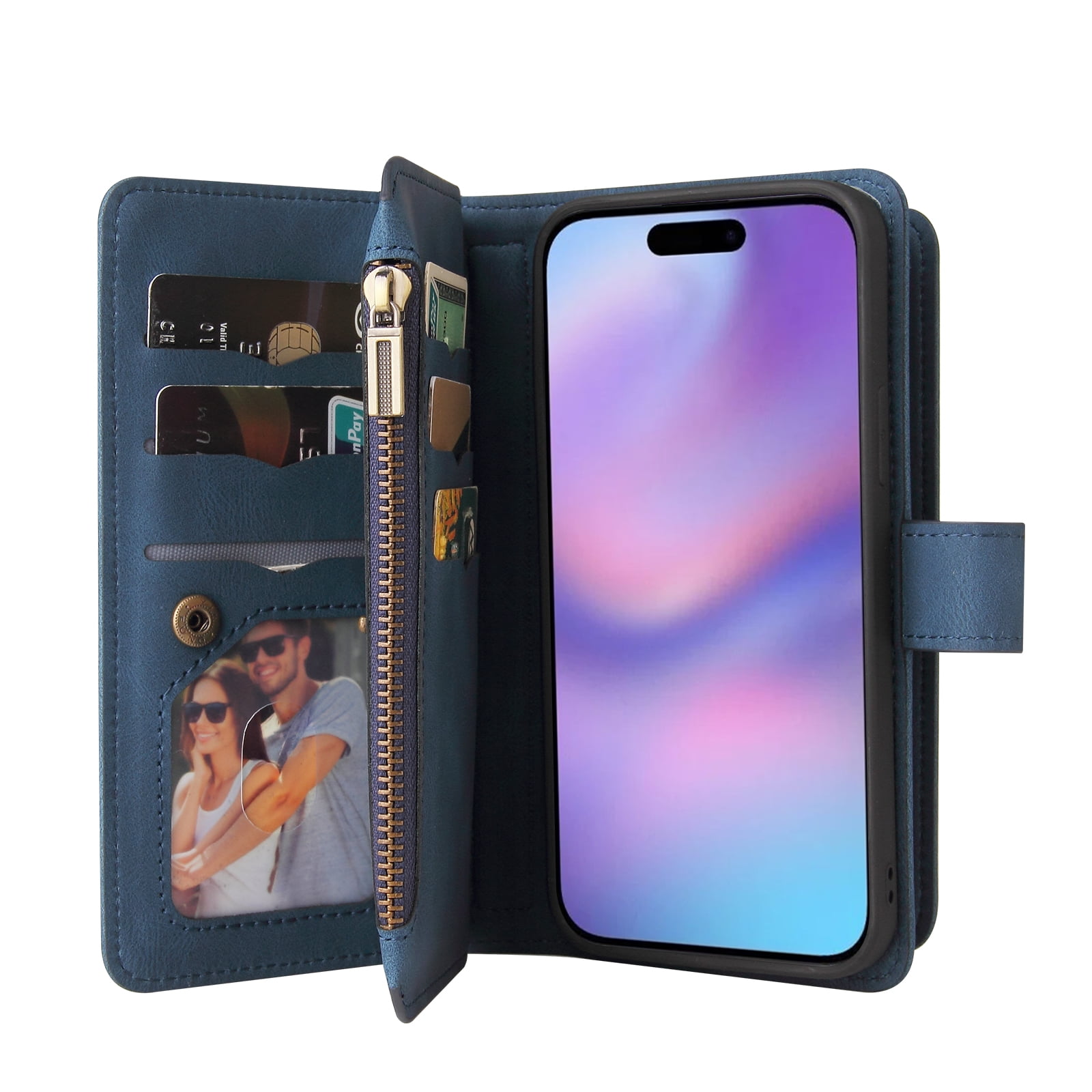 Phone Case for iPhone 17, Wallet Case Luxury Folio Flip Leather Cover [Zipper Pocket] [Wrist Strap] [Kickstand] for iPhone 17, Blue