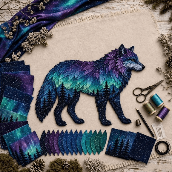 Northern Lights Wildlife DIY Patchwork Kit, Layered Fabric Animal Sewing Craft, Holiday Handmade Wall Hanging, Beginner Sewing Gift for Adults (Wolf)
