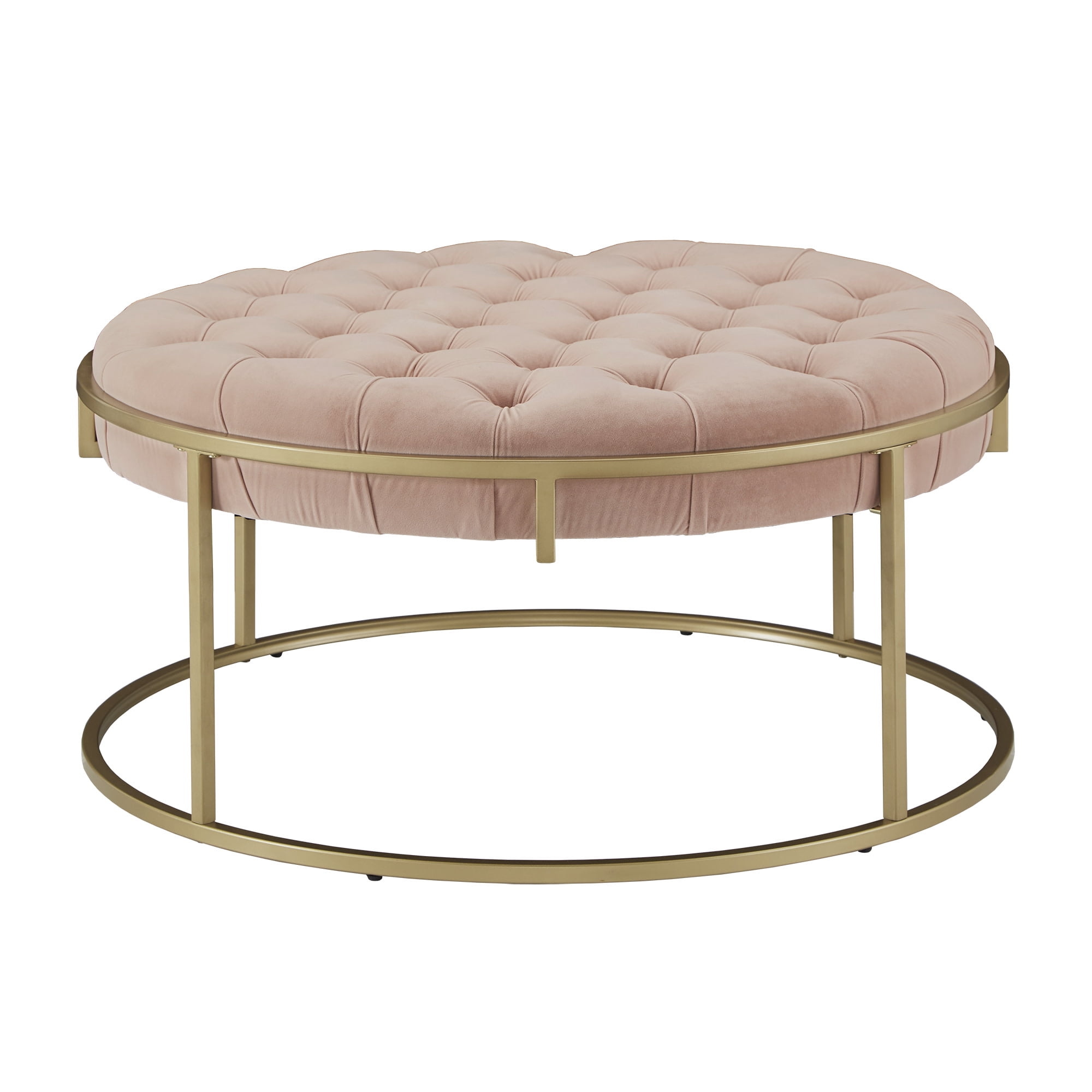 Weston Home Oddie Gold Finish Velvet Button Tufted Round Ottoman, Blush Pink